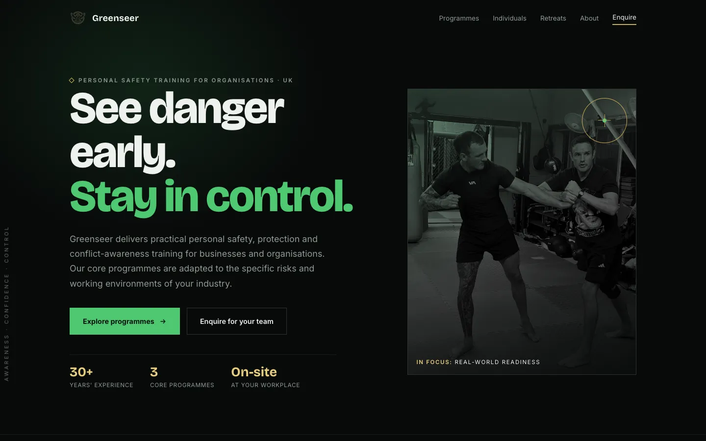 Greenseer homepage with the headline “See danger early. Stay in control.” beside a training photograph