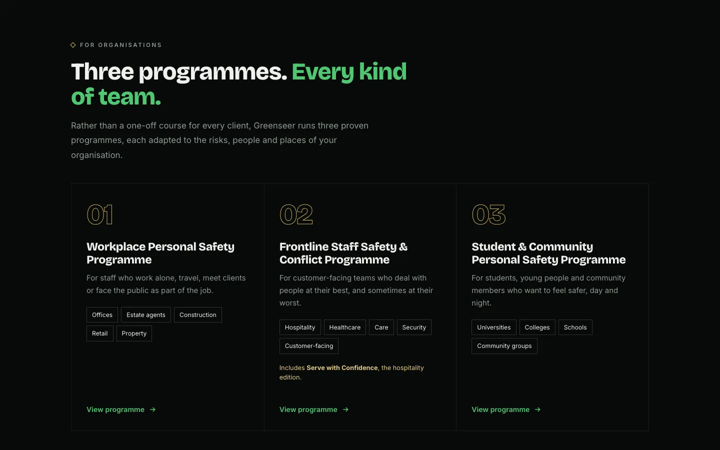 Greenseer programmes section listing three training programmes