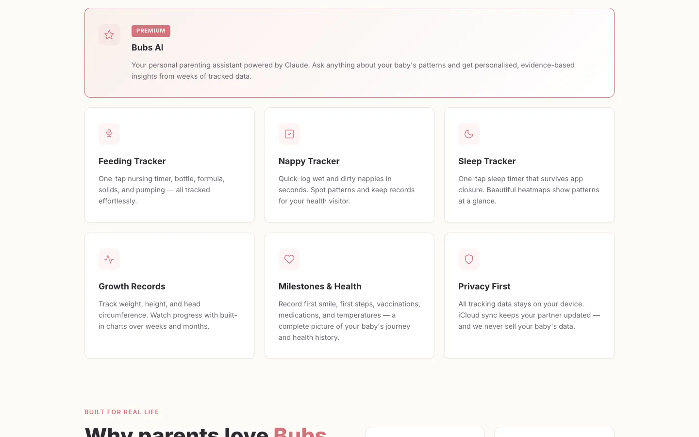 That Baby App features section with six tracker cards