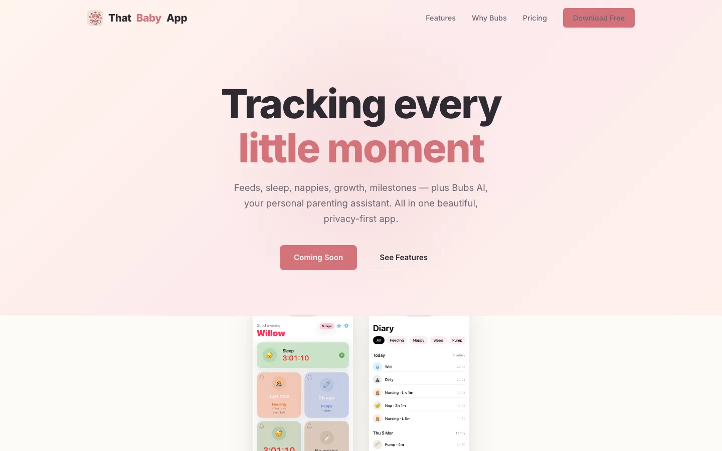 That Baby App homepage with the headline “Tracking every little moment” above two app screens