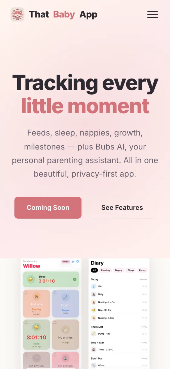 That Baby App homepage on a phone